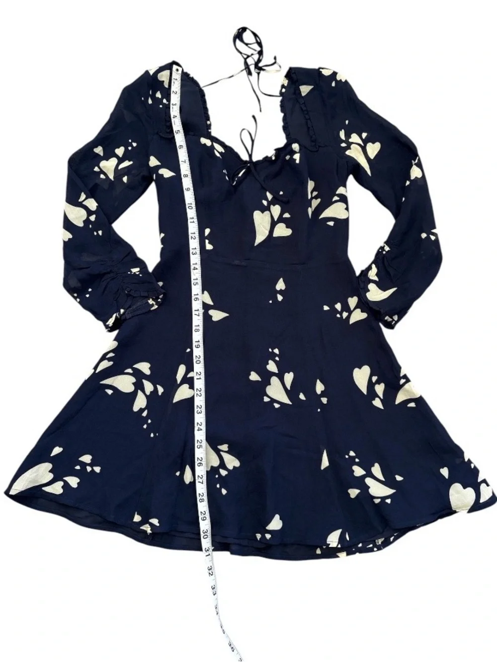 REFORMATION Remi Long Sleeved Mini Dress Navy Heart Pattern Sheer Sleeves Size 2